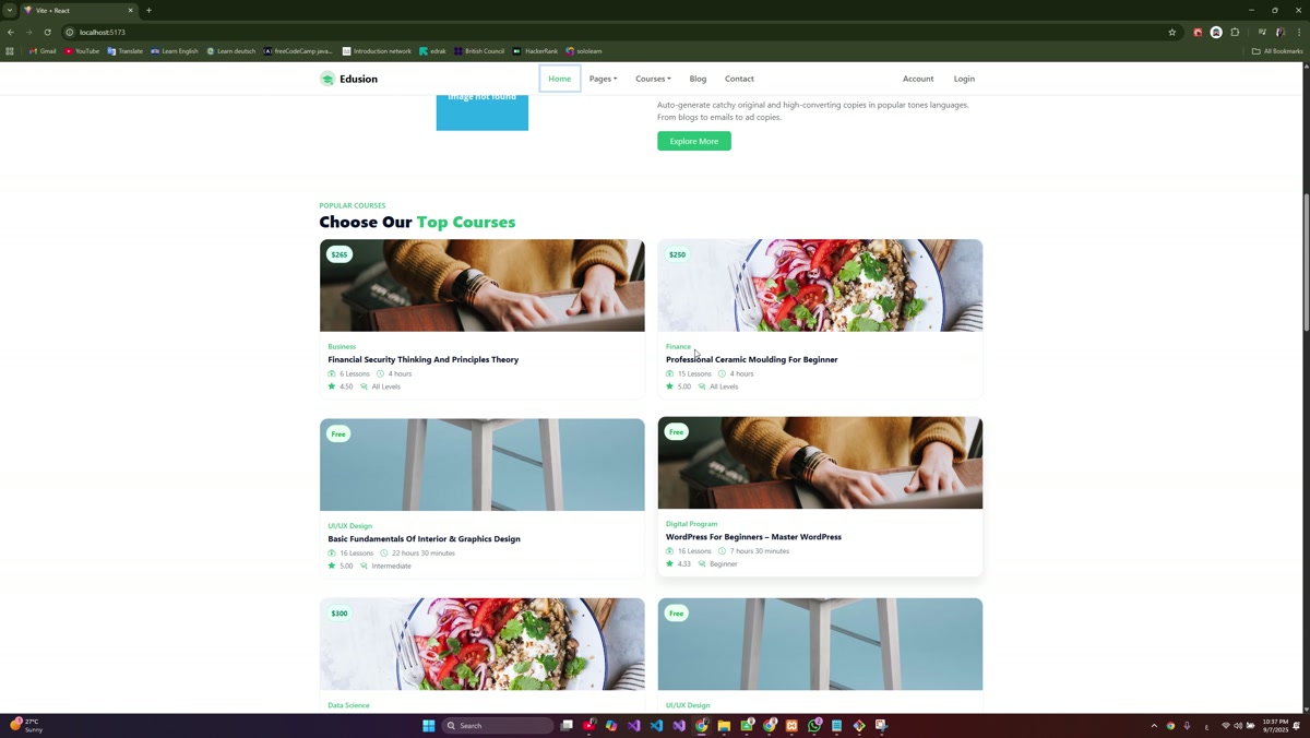 سأبني واجهة React عصرية مع كارت كورسات/منتجات، نماذج، وتكامل API